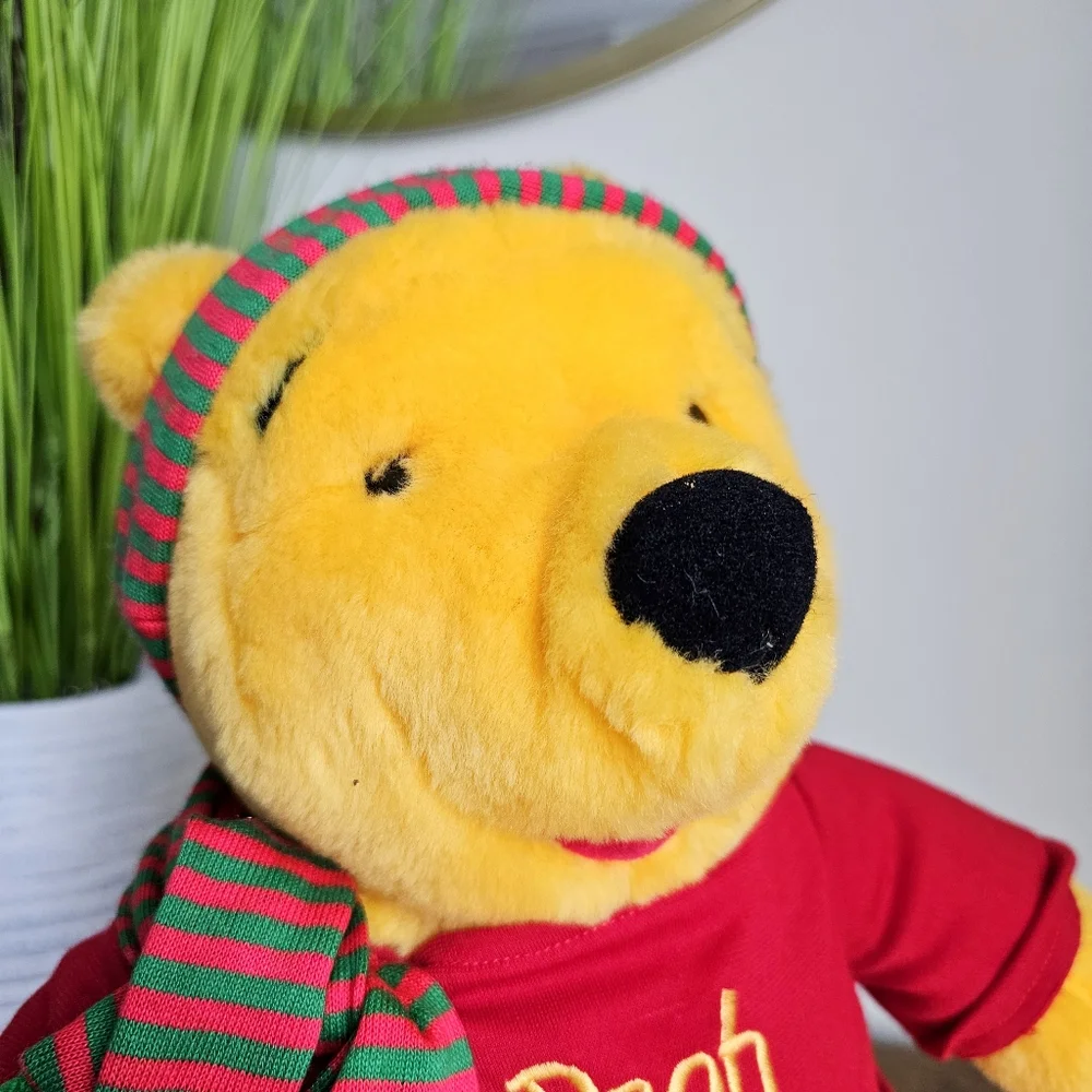 Vintage Disney Winnie the Pooh Plush 14” Mattel Arcotoys Holiday Scarf Red Shirt